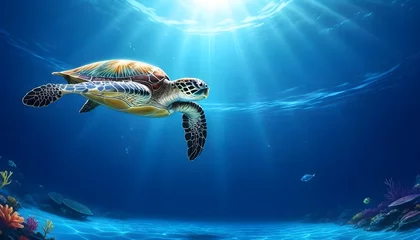 Poster A sea turtle swimming underwater with sunlight penetrating the ocean surface, surrounded by small fish and coral on the seabed © sanart design