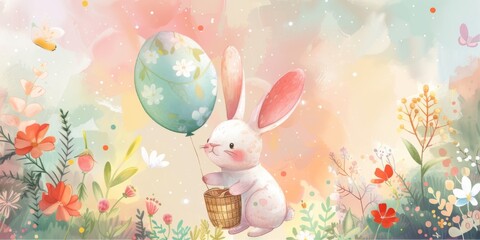 Happy Easter postcard. Whimsical illustration of a cute bunny,  sitting in a serene spring garden flowers and easter eggs. Cute children decor.