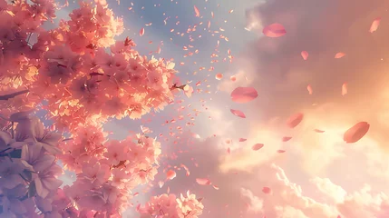 Fotobehang A delicate cluster of cherry blossoms with petals gently falling against a soft, pastel sky symbolizes the arrival of the spring equinox  © Alin