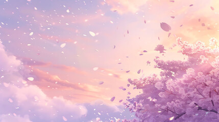 A delicate cluster of cherry blossoms with petals gently falling against a soft, pastel sky symbolizes the arrival of the spring equinox 