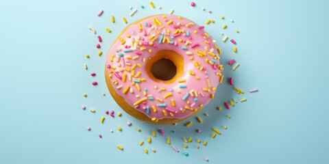 Donuts doughnuts with chocolate, marshmallow and sugar sprinkles on light blue background, copy space. Colorful carnival or birthday party card. Happy National donut day Concept. Generative ai
