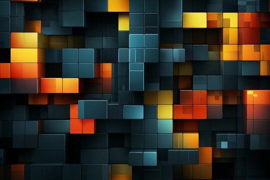 abstract dark mosaic background with many golden and red and blue block shapes, in the style of 3D rendering, digital art