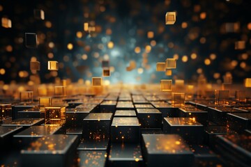 abstract dark mosaic background with many golden and black block shapes flying, in the style of 3D rendering, digital art - obrazy, fototapety, plakaty
