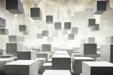 abstract space with dark mosaic background with many white block shapes and cubes, hi tech in the style of 3D rendering, digital art