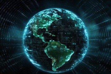 Obraz premium surface of earth planet with futuristic computer technology and mega city, digital connections with hologram and glow against background of space, concept of globalization and urbanization