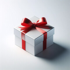 Caja de regalo blanca con lazo de cinta roja, aislada sobre fondo blanco
