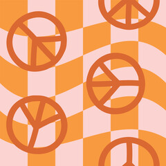 Vector seamless pattern of groovy peace sign isolated on orange chessboard background