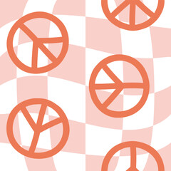 Vector seamless pattern of groovy peace sign isolated on pink chessboard background