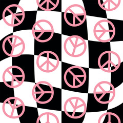 Vector seamless pattern of pink groovy peace sign isolated on chessboard background