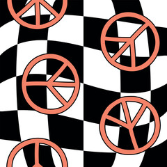 Vector seamless pattern of groovy peace sign isolated on chessboard background