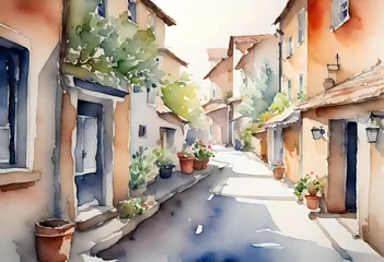Schilderijen op glas street in town watercolour painting  © Shahla