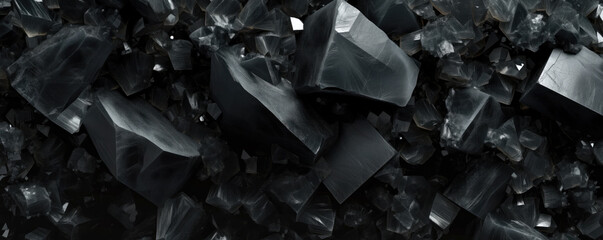 Black crystals, look like coal, closeup macro detail - abstract crystalline background. Generative AI - obrazy, fototapety, plakaty
