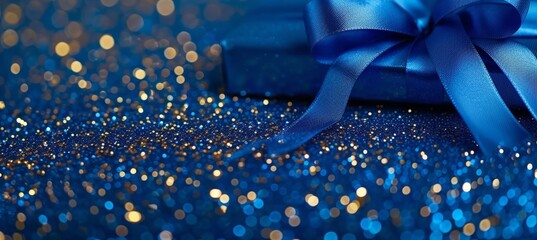 Navy blue gift box with satin ribbon and golden glitter on blue background for celebrations