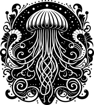 jellyfish silhouette flowers ornament decoration, floral vector design. 
