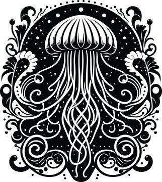 jellyfish silhouette flowers ornament decoration, floral vector design. 