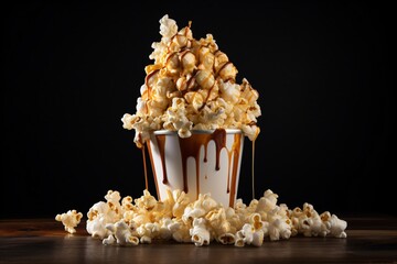 a cup of popcorn with caramel sauce - obrazy, fototapety, plakaty
