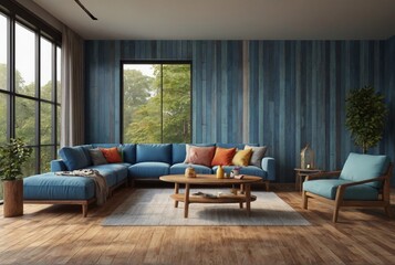 Colorful living room 3d rendering image.There are wood floor decorate wall with blue wooden plank .There are large windows look out to see the nature