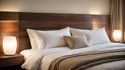 "Relaxation Haven: Hotel Room Featuring a Bed with Wooden Headboard"