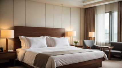 "Relaxation Haven: Hotel Room Featuring a Bed with Wooden Headboard"
