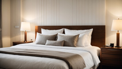 "Relaxation Haven: Hotel Room Featuring a Bed with Wooden Headboard"