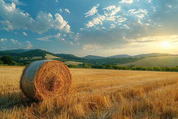 Golden Sunset Over a Serene Farm Landscape With Hay Bales Scattered in the Field - 736584868