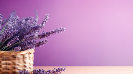 Woven basket full of lavender bundles on a pastel purple background 