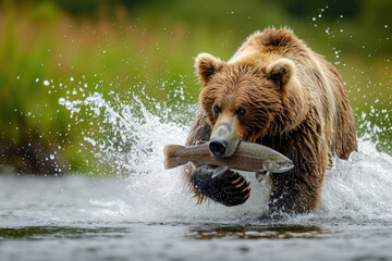  Brown Bear Triumphantly Grasping a Glistening Fish. Generative AI. - 736584899
