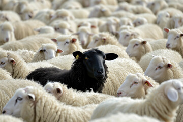 A Single Black Sheep Stands Out Amongst a Flock of White Counterparts in Rural Grazing Fields Created With Generative AI Technology - 736585033