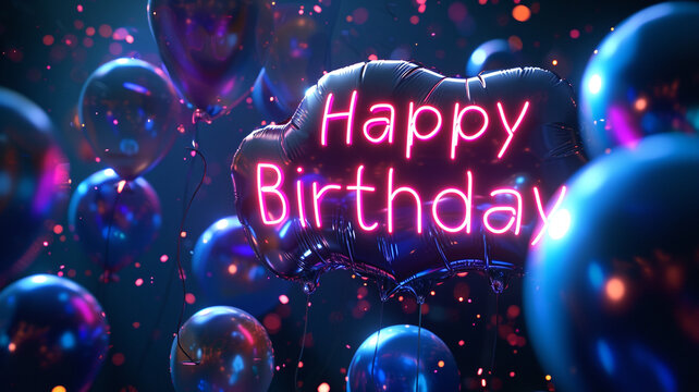 A high-definition photo of the words "Happy Birthday" in sleek, futuristic metallic lettering, floating amidst 