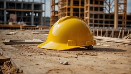 Yellow safety helmet on the ground at a construction site