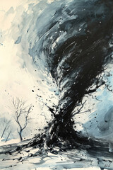 Solitary Tree Standing Against Tempestuous Skies in Monochrome Ink Wash Landscape. Generative AI. - 736585231