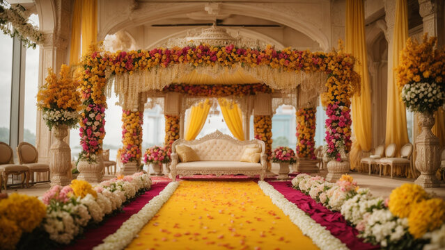 "Vibrant Splendor: Indian Wedding Stage Decorated with Colorful Florals"
