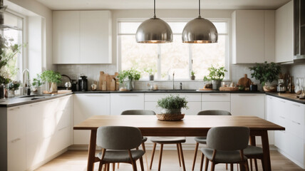 "Modern Kitchen with Pendant Light Over Dining Table"

