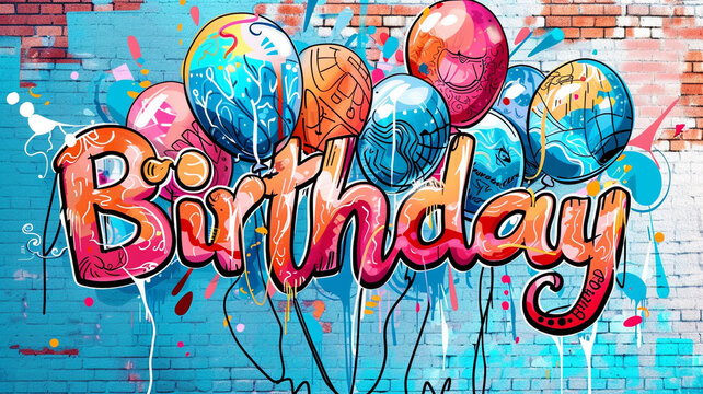 A vibrant, high-definition image of "Happy Birthday" in bold, graffiti-style lettering, with a splash of colorful paint splatters. 