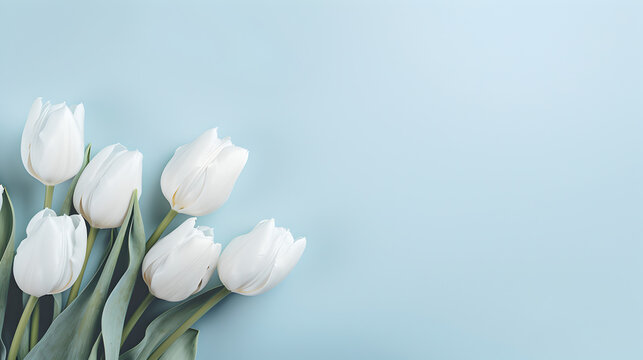 white spring tulips flowers on decent pastel soft light blue background