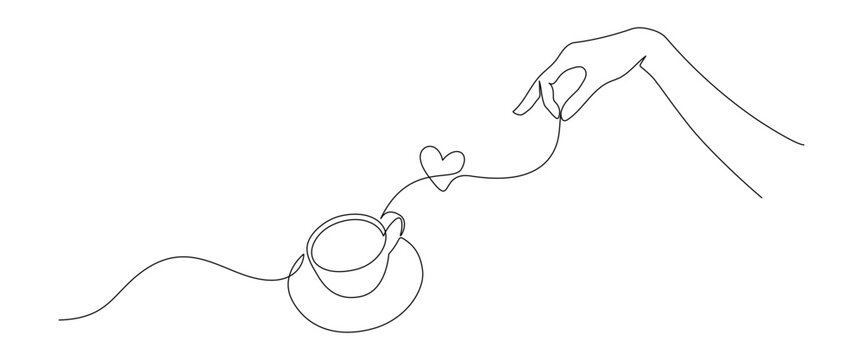 One continuous line drawing of cup of coffee with hand. Minimalistic web banner of hot drink and mug of tea with love for logo in simple linear style. Editable stroke. Doodle vector illustration