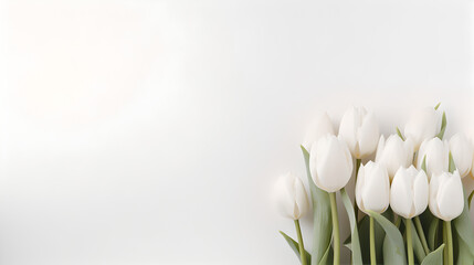 beautiful bunch of white tulips flowers on decent bright pastel background - the background offers lots of space for text	