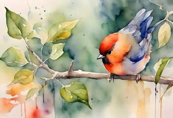 bird on a branch watercolour painting  - obrazy, fototapety, plakaty
