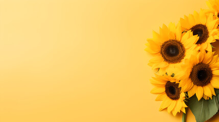beautiful bunch of sunflowers on decent pastel yellow background - the background offers lots of space for text - presentation slide	 - obrazy, fototapety, plakaty