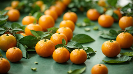 "Vivid Harvest: Abundance of Fresh Ripe Tangerines and Leaves on Green Background"