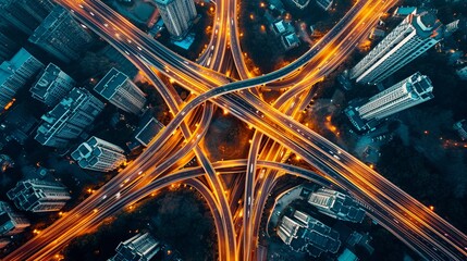 Urban expressway at night with city traffic, intersection, and transportation infrastructure concept