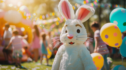 Human in easter bunny costume mascot of Easter entertaining kids on Easter festival outdoors