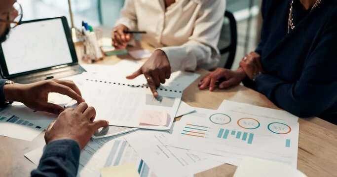 Hands, teamwork and paperwork with charts for data analysis with graphs for company growth, market research or sales. People, colleagues and tablet for decision meeting, statistics or collaboration