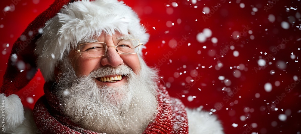 Poster cheerful santa claus on vibrant red background with ample copy space for text placement