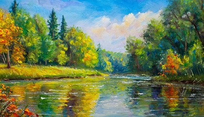 oil painting landscape colorful summer forest beautiful river