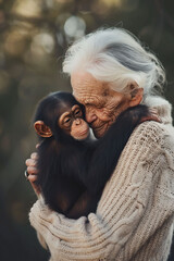 The close-up of an elderly woman and a chimpanzee in an affectionate embrace underlines the themes of unlikely friendships and emotional support in later years.