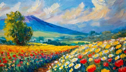Schilderijen op glas oil painting field of flowers abstract drawing © Richard