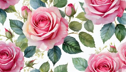 seamless floral pattern with gorgeous watercolor pink roses on white background