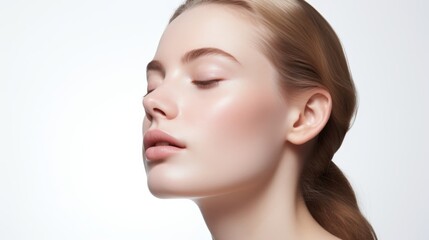 face model, full face in the shot, photographic style, smooth skin, hand on the face, white background