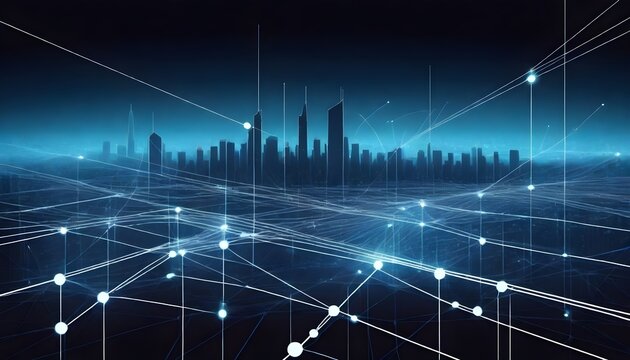 A futuristic city skyline with interconnected network lines and glowing nodes against a dark blue background